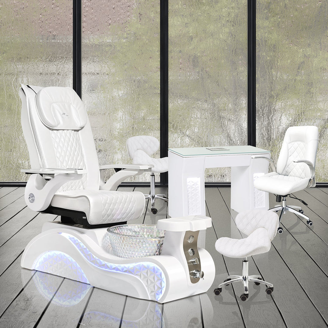 Check our current package deals on pedicure chairs with bonus salon furniture. Manufacture package deals are frequent with tables, customer chairs and accessory carts. Pedicure chairs come with pedicure technician stools standard.